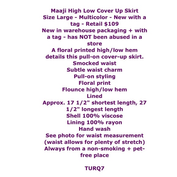 $109 Maaji Swim Cover Up Beach Skirt Large High Low Viscose Lined Smocked Waist - Picture 2 of 11